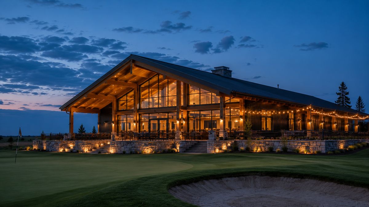 Gathering: golf clubhouse at dusk